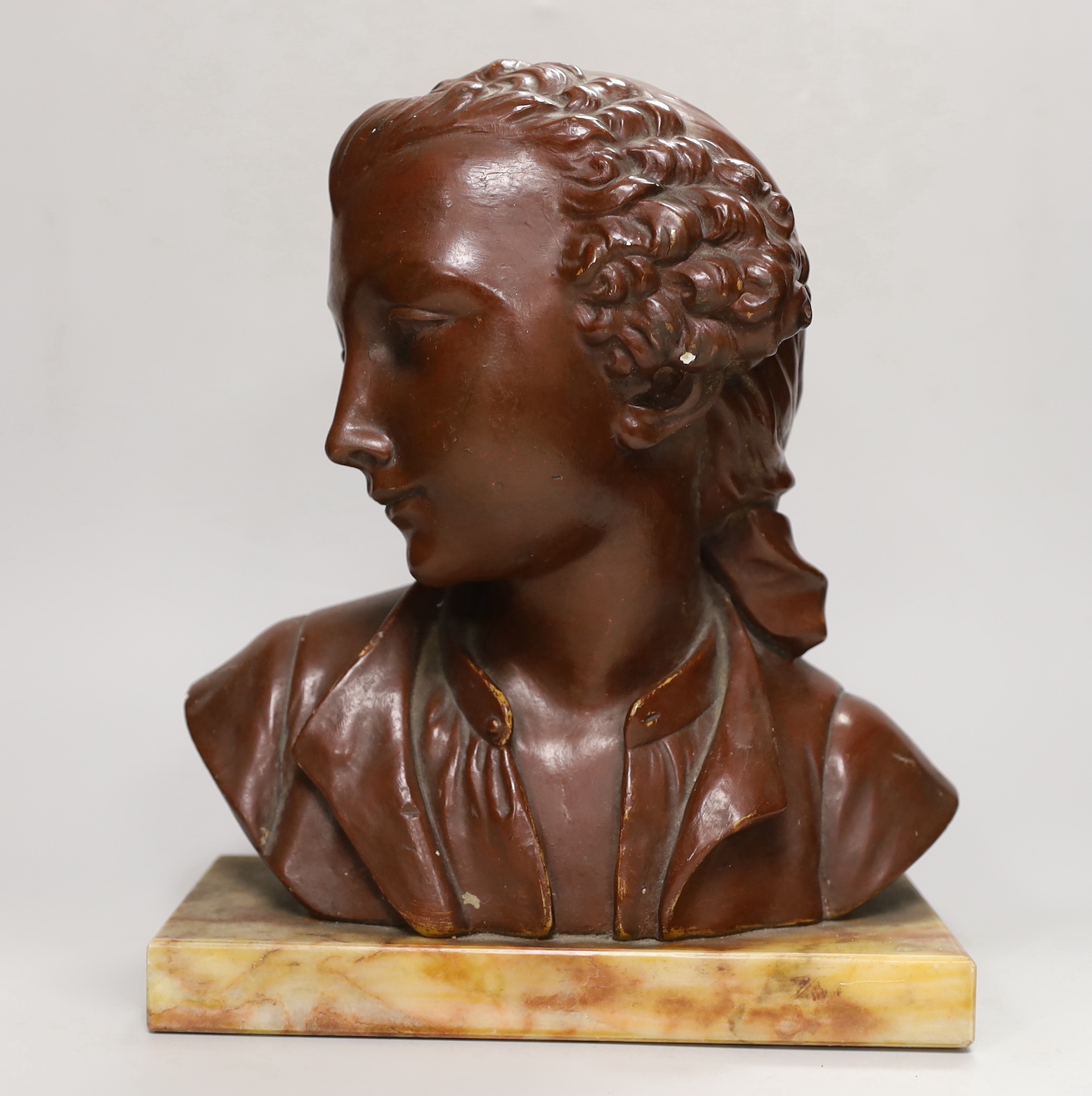 A patinated composition bust of a gentleman, impressed signature verso, Secondo, alabaster plinth, 30cm high